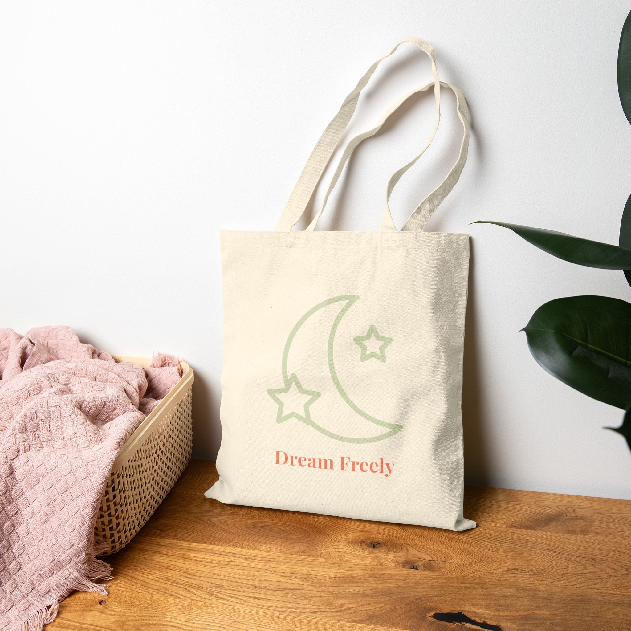 Dream Freely Cotton Canvas Tote Bag | Eco-Friendly Shopping Bag, Gift for Dreamers, Stars & Moon Design, Everyday Use, Sustainable Tote