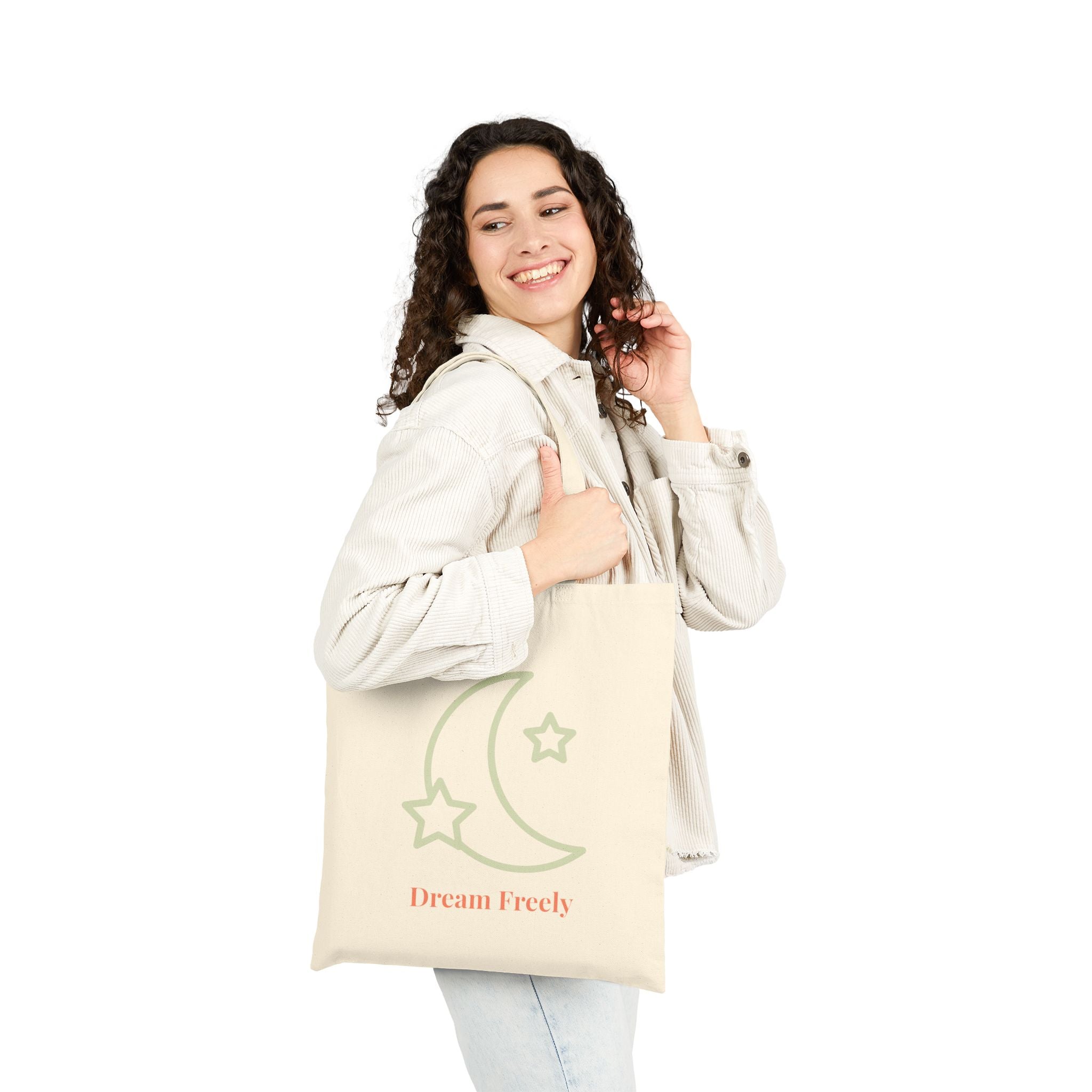 Dream Freely Cotton Canvas Tote Bag | Eco-Friendly Shopping Bag, Gift for Dreamers, Stars & Moon Design, Everyday Use, Sustainable Tote
