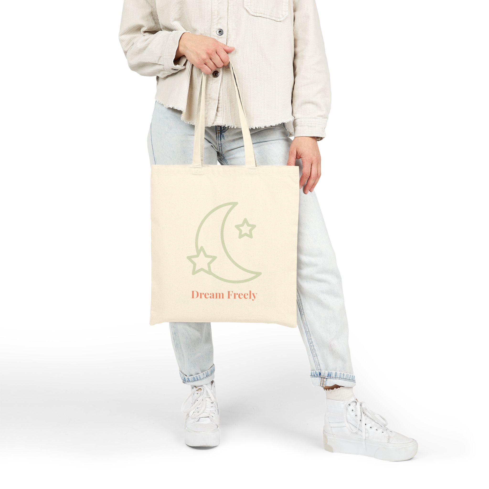 Dream Freely Cotton Canvas Tote Bag | Eco-Friendly Shopping Bag, Gift for Dreamers, Stars & Moon Design, Everyday Use, Sustainable Tote